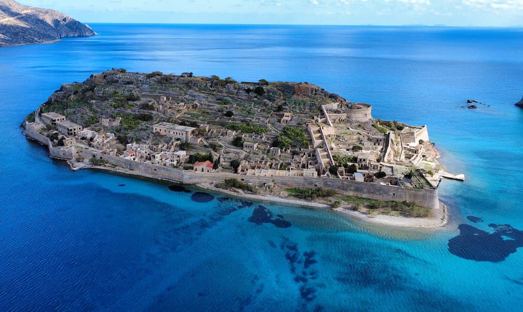 aerial drone shot of spinalonga the leper island in elounda crete greece